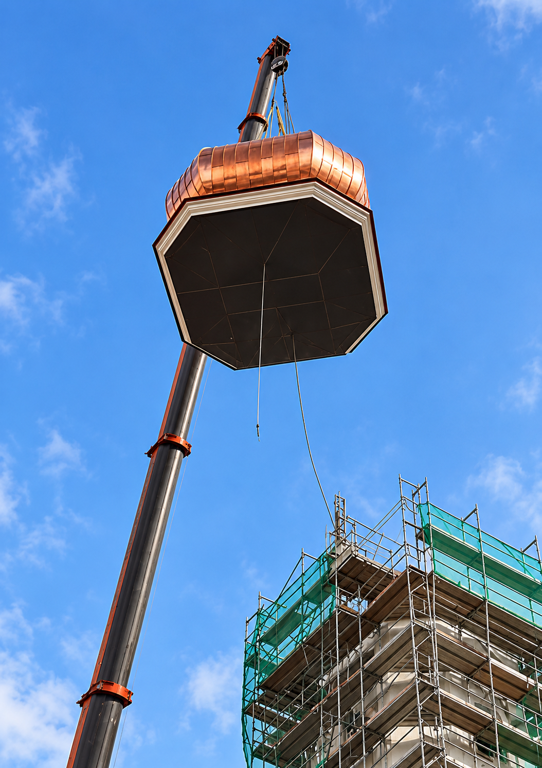 Kupferkuppel schwebt über der Baustelle
